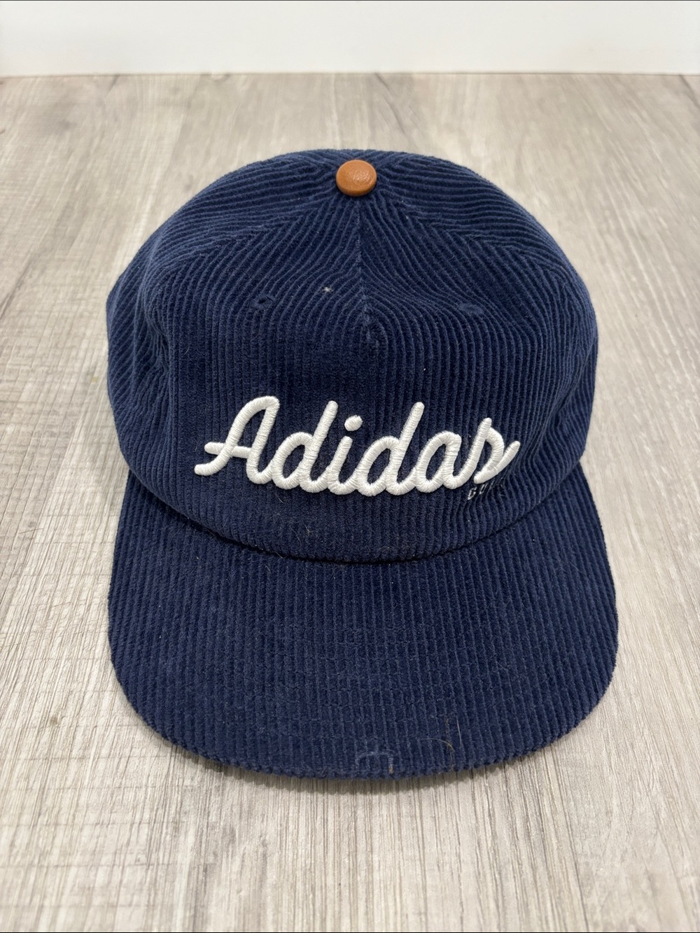 adidas Navy Corduroy Cap with White Script Logo and Brown Top Button